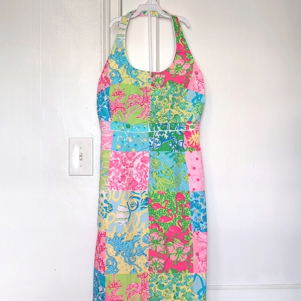 VTG Lilly Pulitzer Patchwork Halter Dress Maxi Length Palm Beach Size 6